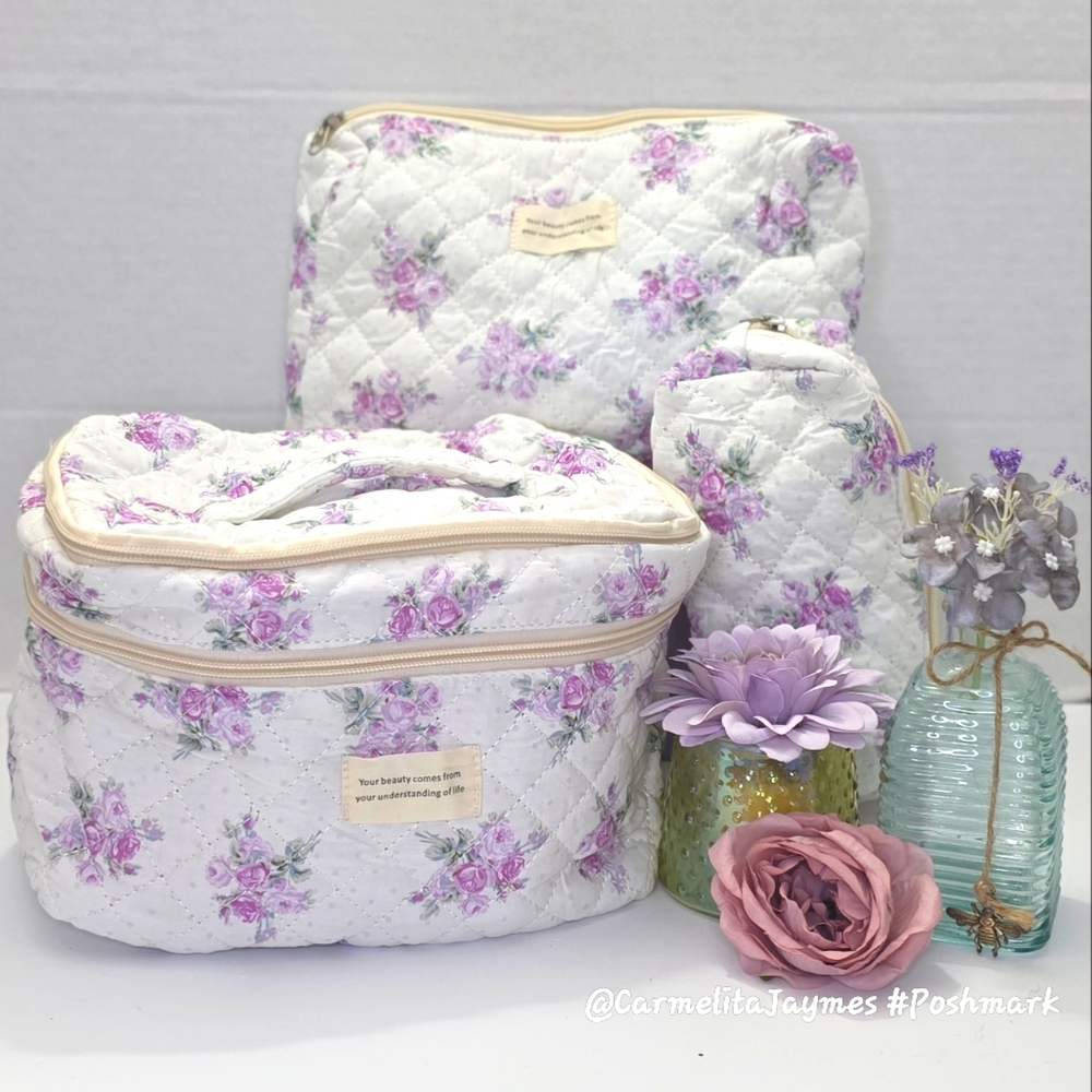 Floral Quilted 👝 3 pc XL Cosmetic Bag Set Travel Toiletry Makeup Organizer NWT - Picture 1 of 15
